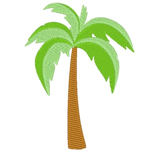 May include: A green palm tree with a brown trunk. The tree is isolated on a white background.