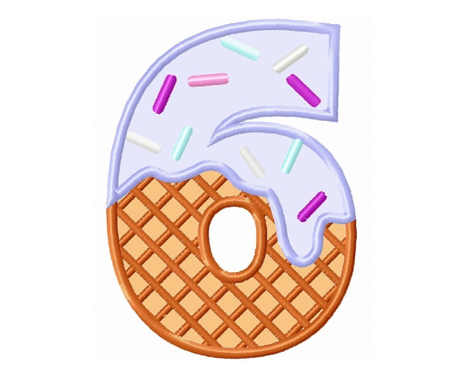 Ice cream waffle cone Birthday Number 6 SIX Applique machine embroidery designs in assorted sizes kids birthday sixth my 6th party monogram