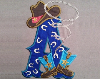 Farm farmer Cowboy rodeo lasso boots and hat applique letter with bandanna motif, letter A, machine embroidery applique design 5x7
