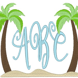 May include: A blue monogram "ABC" with two green palm trees on either side. The palm trees are on a beige beach.
