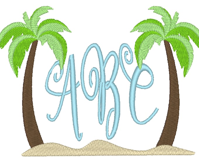 Palm tree circle monogram frame Beach sand and Palm tree sand sea summer vacation holidays machine embroidery designs in assorted sizes