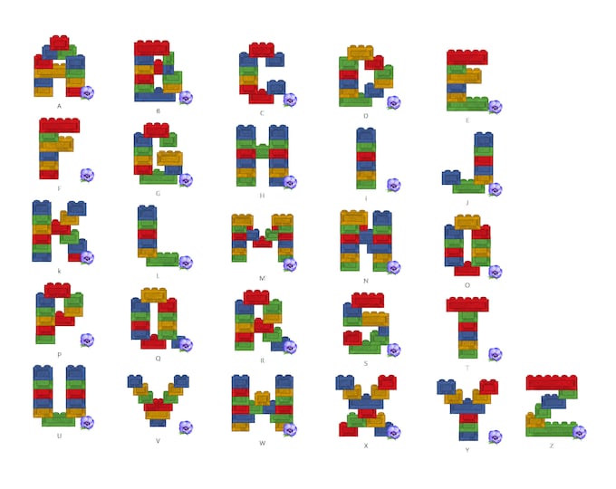 Blocks bricks, brick block Font machine embroidery designs in assorted sizes boys alphabet letters A-Z building brick block toy, BX included