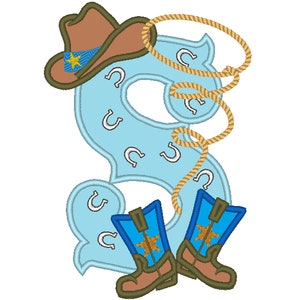 Botas y sombrero de vaquero, granjero, rodeo, lazo, apliques, letra S, monograma S, nombre de cumpleaños para niños, diseño de aplique bordado a máquina, 5x7