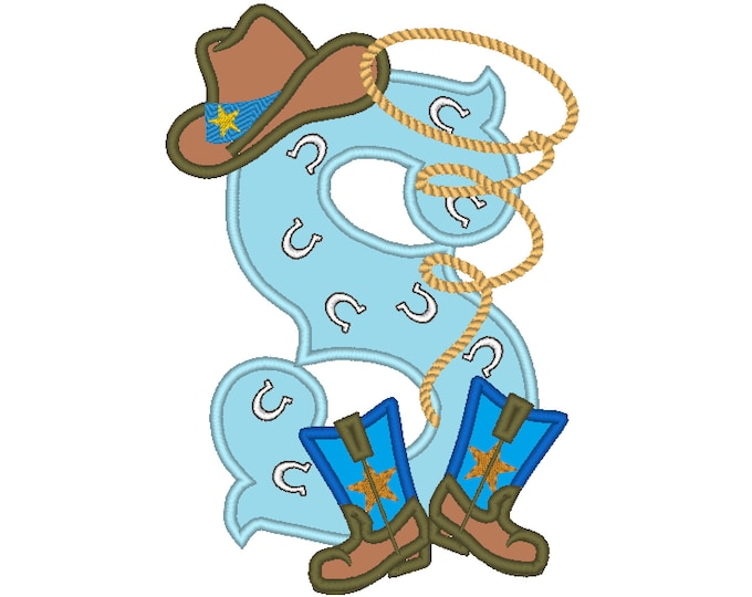 Farm farmer Cowboy rodeo lasso boots and hat applique letter S, kids boy birthday name monogram S, machine embroidery applique design 5x7