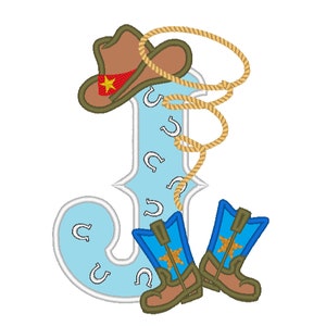 Botas y sombrero de vaquero, rodeo, granjero, lazo, aplique, letra con motivo de pañuelo, letra J, diseño de aplique bordado a máquina, 5x7