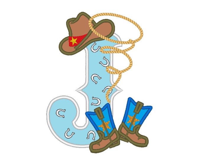 Farm farmer Cowboy rodeo lasso boots and hat applique letter with bandanna motif, letter J, machine embroidery applique design 5x7