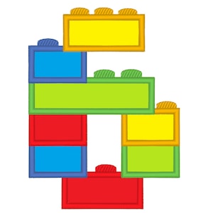 May include: A number six made out of colorful toy building blocks. The blocks are stacked on top of each other to form the number six. The blocks are red, blue, green, and yellow.