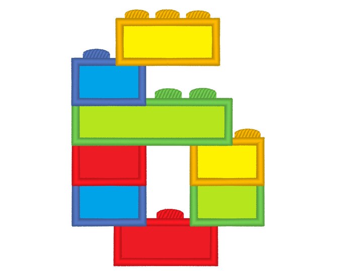 Birthday number 6 SIX, machine embroidery designs applique in assorted sizes, boys embroidery applique design building block brick toy