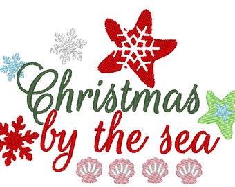 Christmas by the sea, Merry Christmas on the beach saying quote star starfish snowflake shell machine embroidery designs hoop 4x4 and bigger