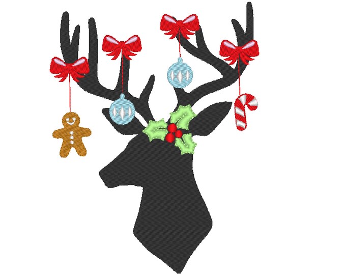 Christmas Deer buck antlers silhouette outline machine embroidery designs assorted sizes Christmas tree ornaments holly bow gingerbread man