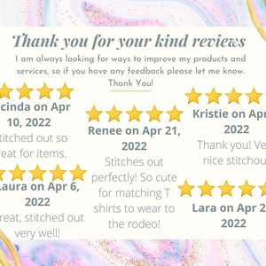 May include: A screenshot of a thank you message with five-star reviews from customers. The reviews are for a product or service that involves stitching. The reviews include dates and comments about the quality of the stitching.