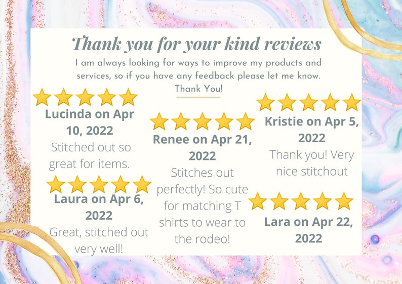 May include: A screenshot of a thank you message with five-star reviews from customers. The reviews are for a product or service that involves stitching. The reviews include dates and comments about the quality of the stitching.