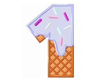 Ice-cream waffle cone Birthday Number 1 ONE Applique machine embroidery designs in assorted sizes baby birthday first my 1st party monogram