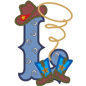 Botas y sombrero de vaquero, rodeo, granjero, lazo, aplique de letra con motivo de pañuelo, letra L, diseño de aplique bordado a máquina, 5x7
