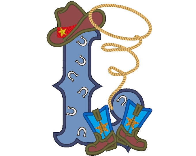 Farm farmer Cowboy rodeo lasso boots and hat applique letter with bandanna motif, letter L, machine embroidery applique design 5x7