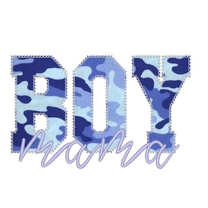 May include: Blue camouflage fabric letters spelling "BOY" with the word "mama" written in a light purple cursive font below.