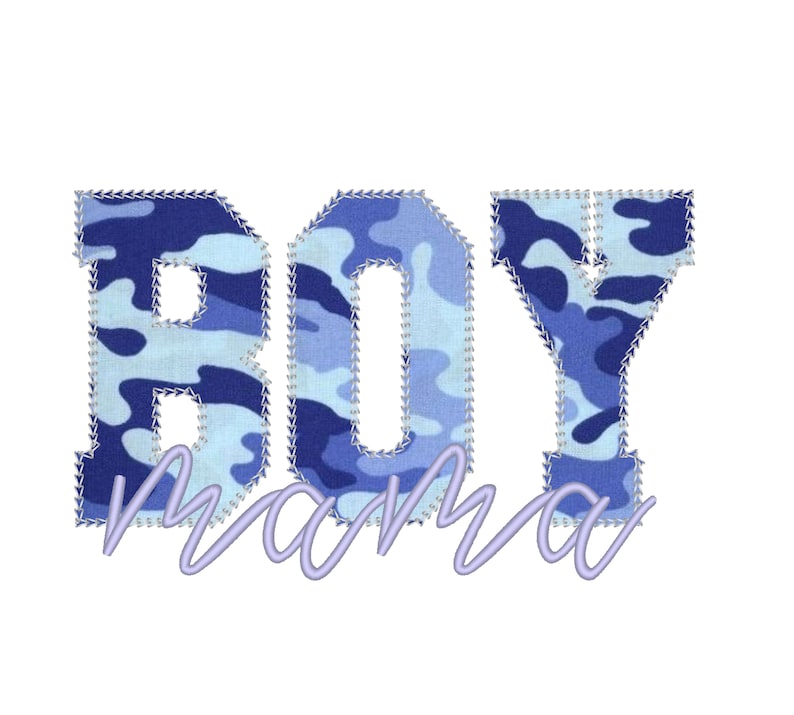 May include: Blue camouflage fabric letters spelling "BOY" with the word "mama" written in a light purple cursive font below.