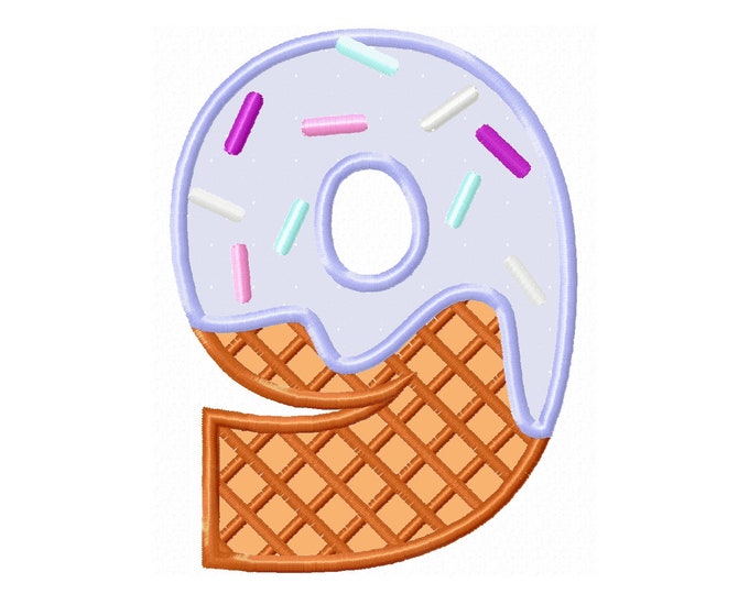 Ice cream waffle cone Birthday Number 9 NINE Applique machine embroidery designs in assorted sizes kids birthday ninth my 9th party monogram