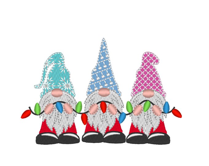 3 gnomes in row with Christmas lights garland Machine embroidery designs Chilling with my gnomes for hoop 4x4, 5x5, 6x6 Merry Christmas