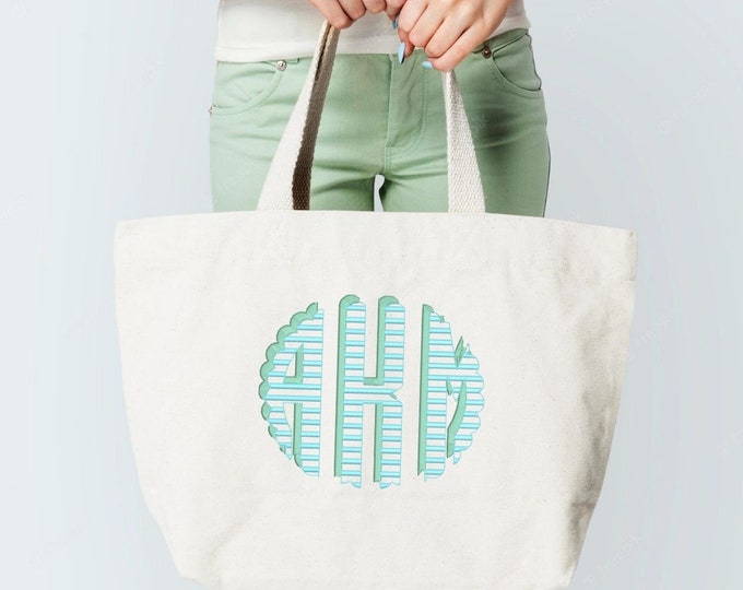 Scalloped Circle Monogram Striped Shadowed FONT machine embroidery designs, classic three letter round monogram letters in many sizes, BX