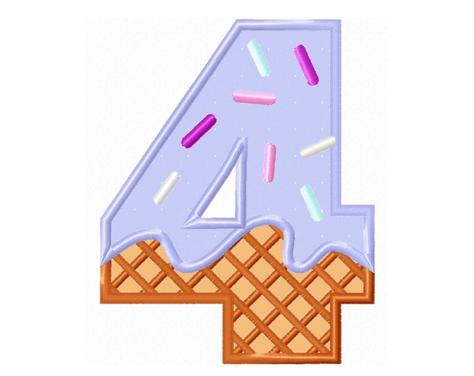 Ice cream waffle cone Birthday Number 4 FOUR Applique machine embroidery designs in assorted sizes kids birthday fourth 4th party monogram