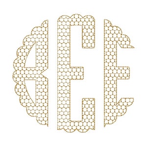May include: A gold monogram with the letters "BEE" in a honeycomb pattern. The letters are surrounded by a scalloped border.