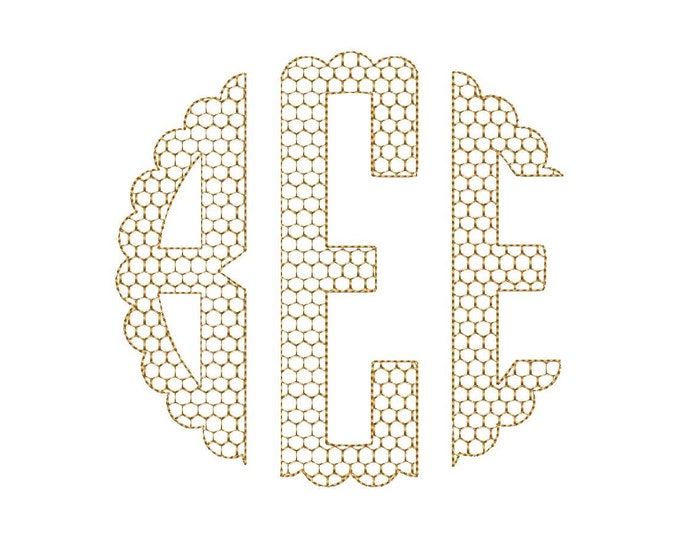 Scalloped Circle Monogram Honeycomb FONT machine embroidery designs bee lover classic three letter round monogram letters many sizes, BX