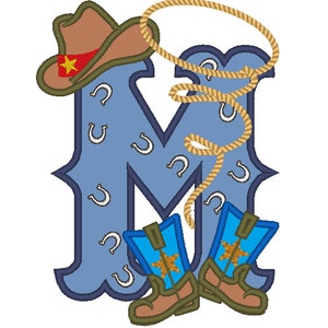 Botas y sombrero de vaquero de rodeo con lazo, aplique de letra con motivo de pañuelo, letra M, diseño de aplique bordado a máquina, 5 x 7
