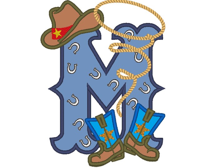 Farm farmer Cowboy rodeo lasso boots and hat applique letter with bandanna motif, letter M, machine embroidery applique design 5x7