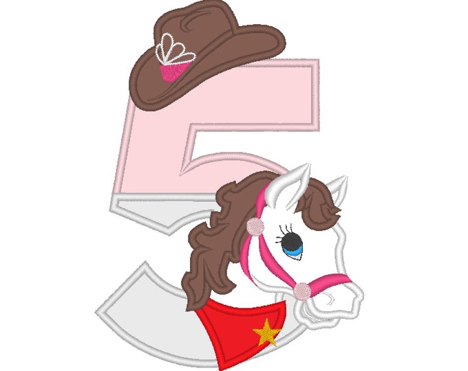 Farm girl farmer Cowgirl cowboy horse and hat applique number 5 FIVE machine embroidery applique designs 5x7 5, 6 and 7 inches