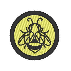 May include: A yellow circle with a black outline and a black bee silhouette inside.