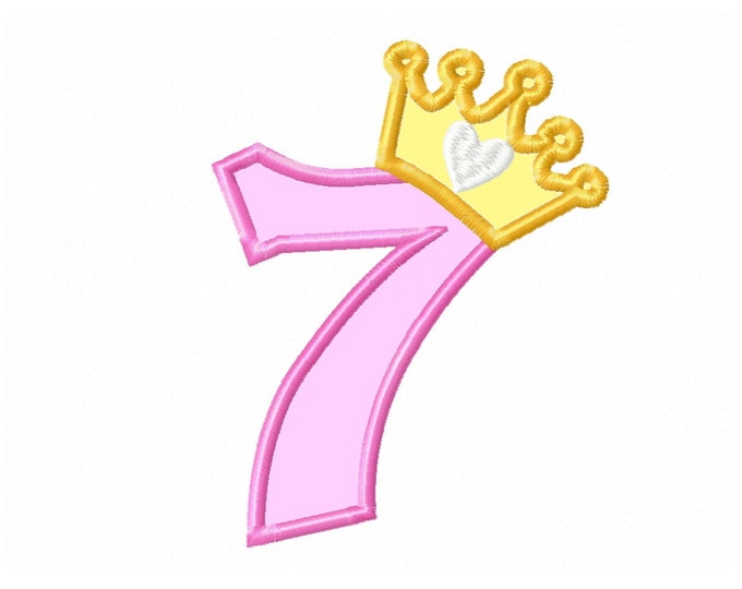 Princess crown Birthday Number 7 SEVEN Tshirt kids party outfit Applique machine embroidery designs 7 months years little girl baby onesie
