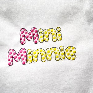 Retro Minnie Polka dot patterned Font machine embroidery designs alphabet mini sizes from 0.7 thru 2 inches kids name pretty letters