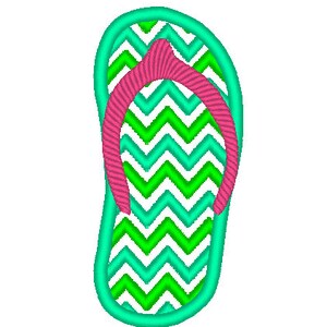 May include: Green and white chevron patterned flip flop with a pink strap.