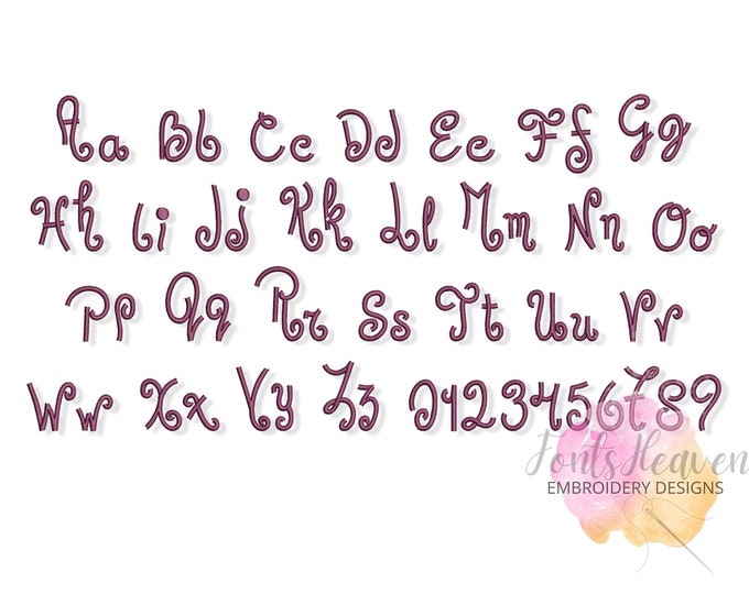 Swirl Curl Jungle script handwritten cursive Font alphabet machine embroidery designs in many sizes from 0.8, up to 3.7 inches, BX included