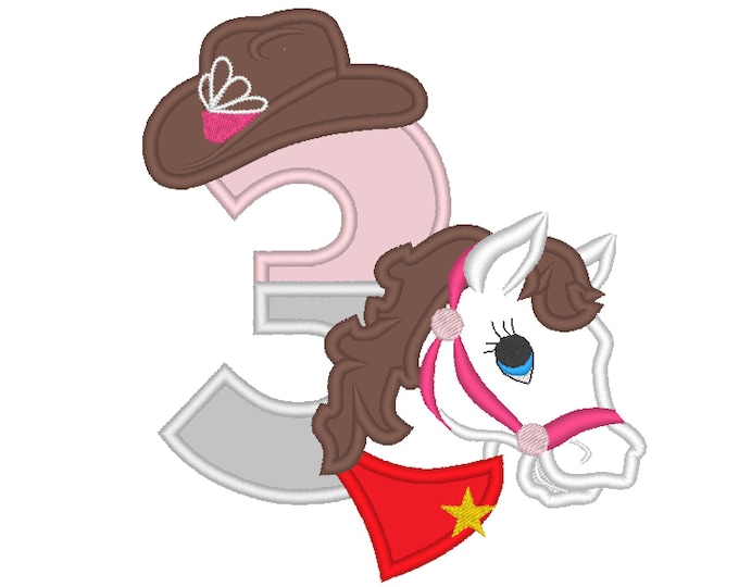 Farm girl farmer Cowgirl cowboy horse and hat applique number 3 THREE machine embroidery applique designs 5x7 5, 6 and 7 inches