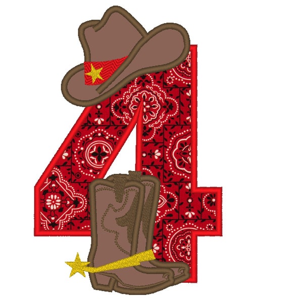 Farm farmer Cowboy rodeo cowboy boots and hat applique number 4 machine embroidery applique designs 5x7 5, 6 and 7 inches