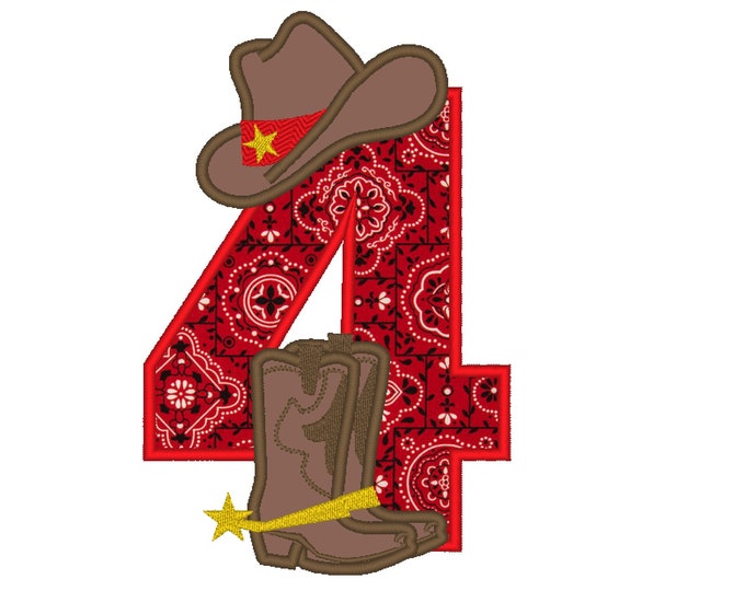 Farm farmer Cowboy rodeo cowboy boots and hat applique number 4 machine embroidery applique designs 5x7 5, 6 and 7 inches
