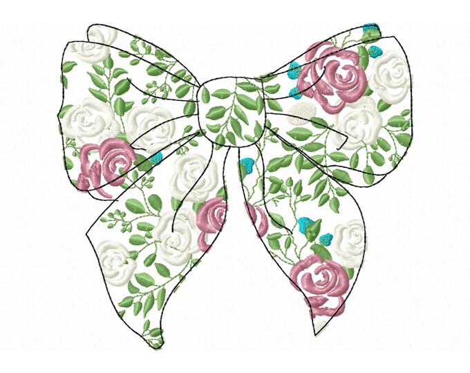 Floral pretty bow drawing light sketch stitch machine embroidery designs in many sizes 4, 5, 6, 7, 8, 9 inches girl flowers flowered ribbon