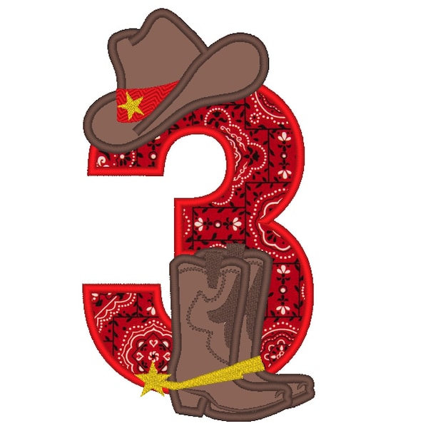 Farm farmer Cowboy rodeo cowboy boots and hat applique number 3 machine embroidery applique designs 5x7 5, 6 and 7 inches