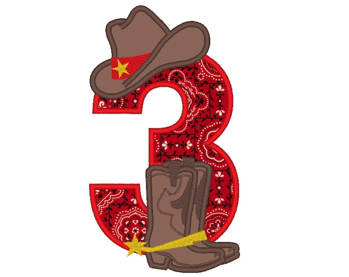 Farm farmer Cowboy rodeo cowboy boots and hat applique number 3 machine embroidery applique designs 5x7 5, 6 and 7 inches