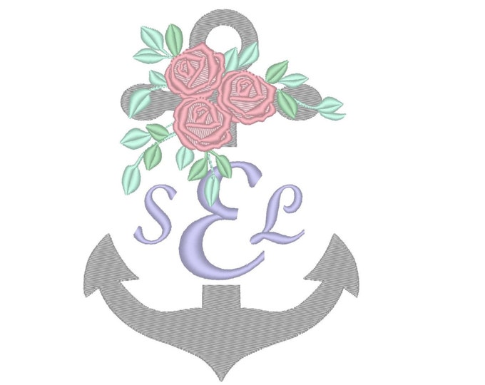 Split Anchor Flowered monogram Frame machine embroidery designs in assorted sizes, monogram border floral nautical anchor hook fill stitch