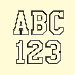Applikation för Sport Collegiate Block Font med maskinbroderimönster med toppstygn, alfabetsmonogram, många storlekar 5 upp till 15 cm och BX