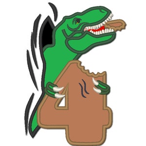T-rex Geburtstag Zahl 4, gebissen Zahl vier Rex Dinosaurier aus Loch, Junge Kinder Stickapplikation Designs verschiedene Größen