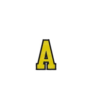 May include: An embroidered letter A design featuring a yellow fill with a thick black outline. The design measures 1.84 inches by 2.76 inches. The color palette includes Harvest Gold and Black, with a stitch count of 3852 and 1565 respectively.