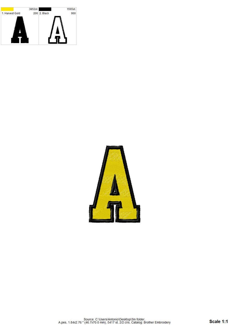 May include: An embroidered letter A design featuring a yellow fill with a thick black outline. The design measures 1.84 inches by 2.76 inches. The color palette includes Harvest Gold and Black, with a stitch count of 3852 and 1565 respectively.