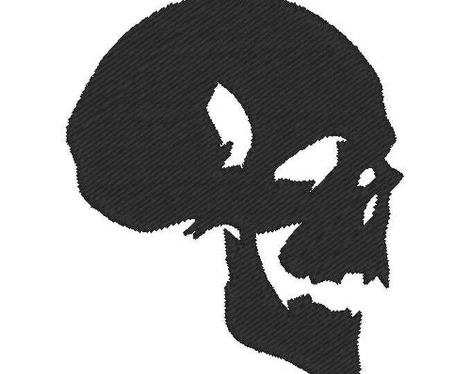 Destroyed Skull silhouette fill stitch machine embroidery designs in assorted sizes from 1.5 up to 4 inch Halloween skull skeleton one color
