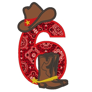 Farm farmer Cowboy rodeo cowboy boots and hat applique Birthday Number 6 machine embroidery designs for hoop 5x7 sizes 5, 6 and 7 inches