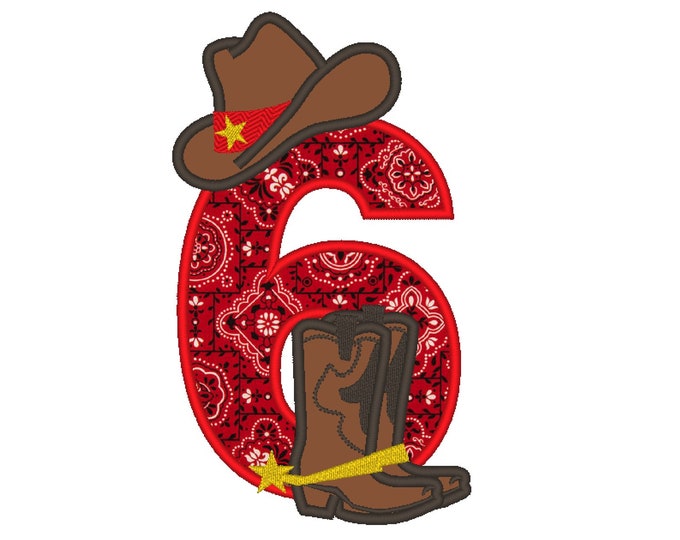 Farm farmer Cowboy rodeo cowboy boots and hat applique Birthday Number 6 machine embroidery designs for hoop 5x7 sizes 5, 6 and 7 inches