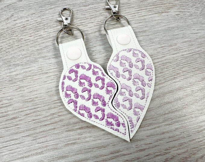 Leopard print Split Heart Eyelet and Key Fob Snap Tab keychain in the hoop machine embroidery designs ITH Valentines Day friends bag tag
